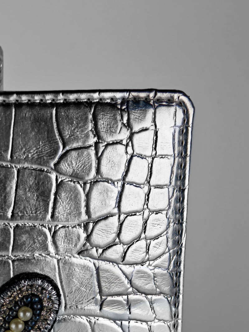 Designer Passport Cover - Silver Croco with Stud Plane