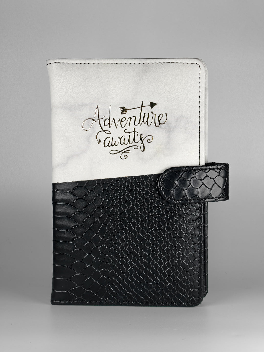 Luxury personalized passport cover and passport holder with ‘Adventure Awaits’ print and secure flap – travel organizer designed for style and function.