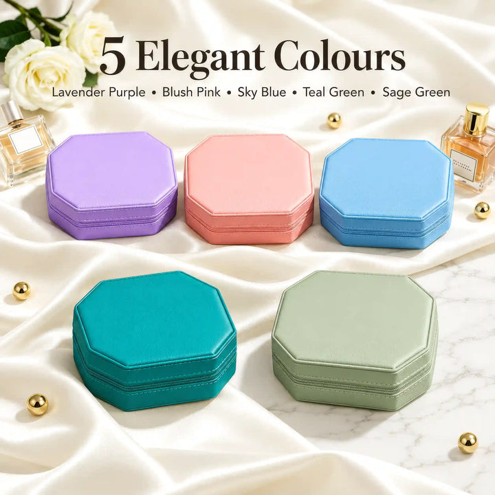 Five jewellery box colours: Lavender Purple, Blush Pink, Sky Blue, Teal Green and Sage Green