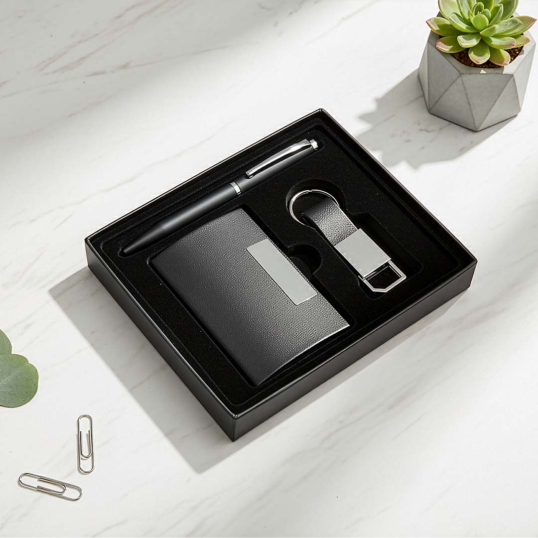 Premium Black Leatherette Trio: Cardholder, Pen &amp; Strap Keychain Set