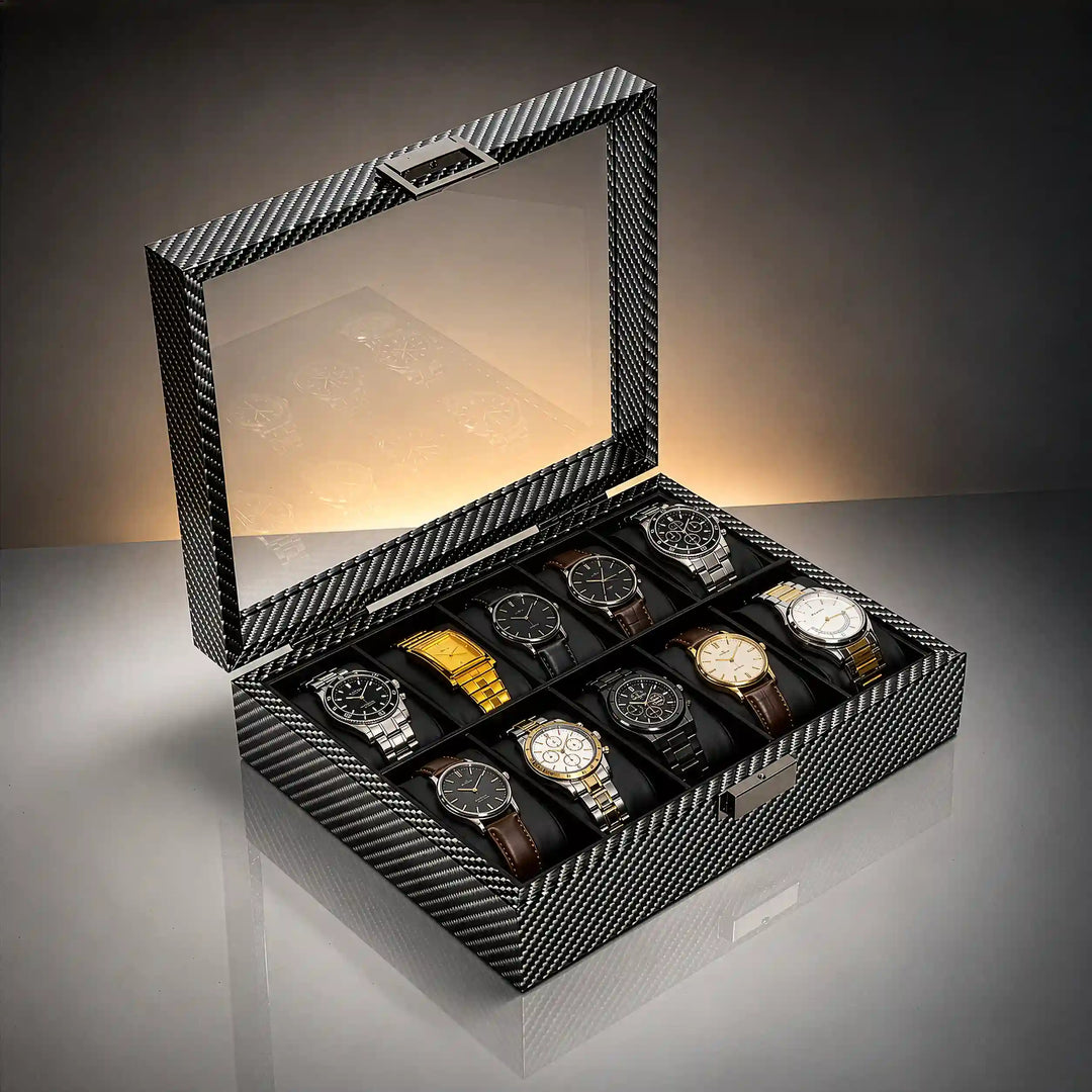 Atlas 10-Slot Carbon Fibre Pattern Watch Organiser with Glass Lid