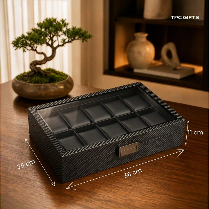 Atlas 10-Slot Carbon Fibre Pattern Watch Organiser with Glass Lid
