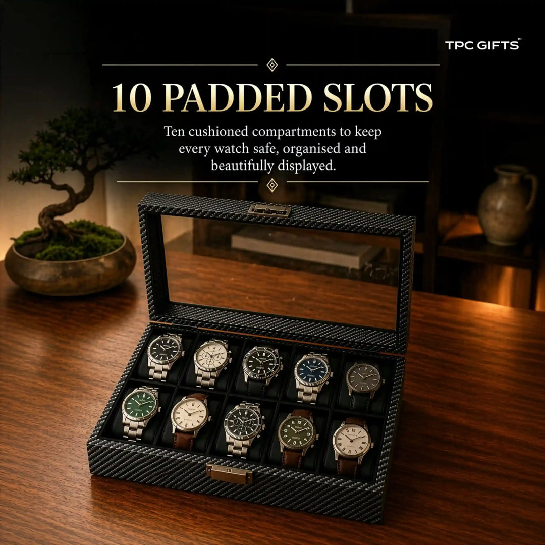 Atlas 10-Slot Carbon Fibre Pattern Watch Organiser with Glass Lid