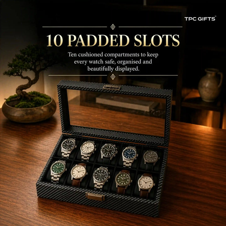 Atlas 10-Slot Carbon Fibre Pattern Watch Organiser with Glass Lid