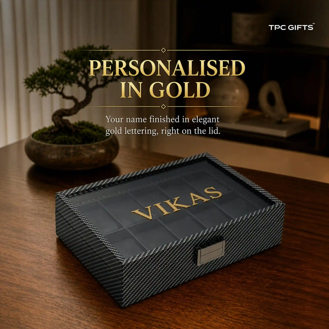 Atlas 10-Slot Carbon Fibre Pattern Watch Organiser with Glass Lid