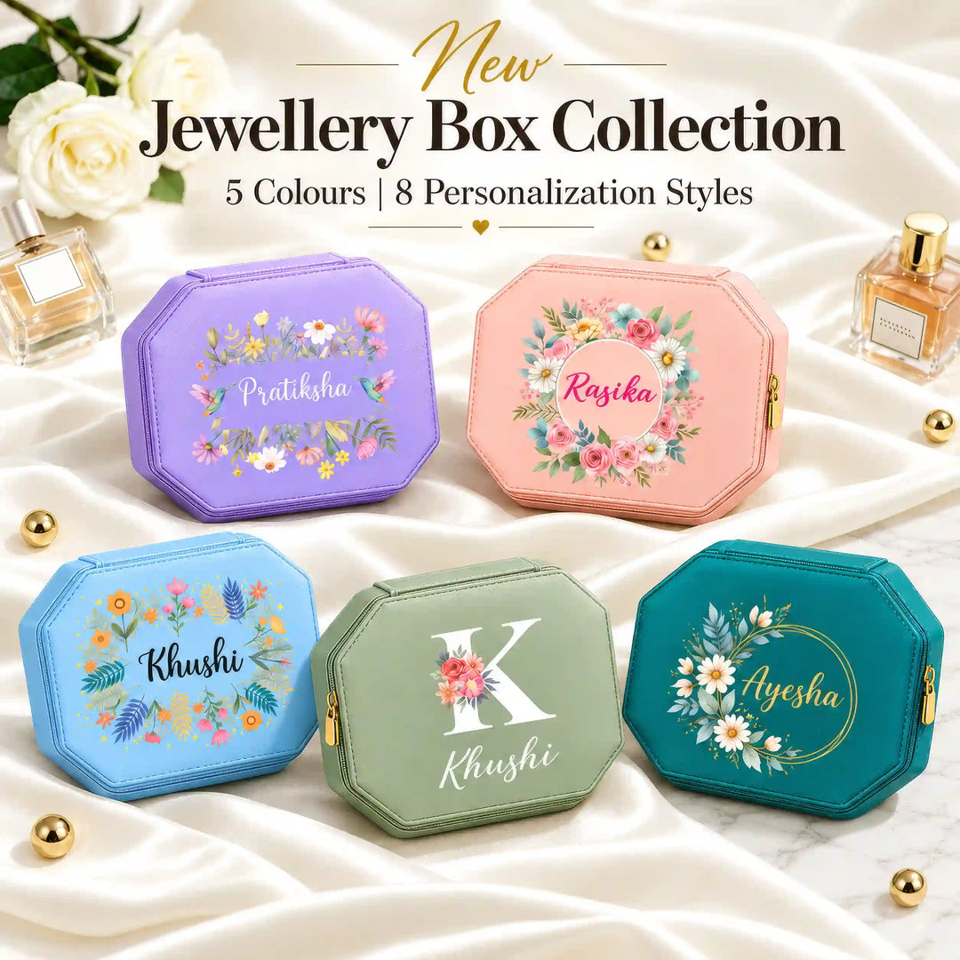 The Keepsake personalised jewellery box collection with floral names and initials in five colours