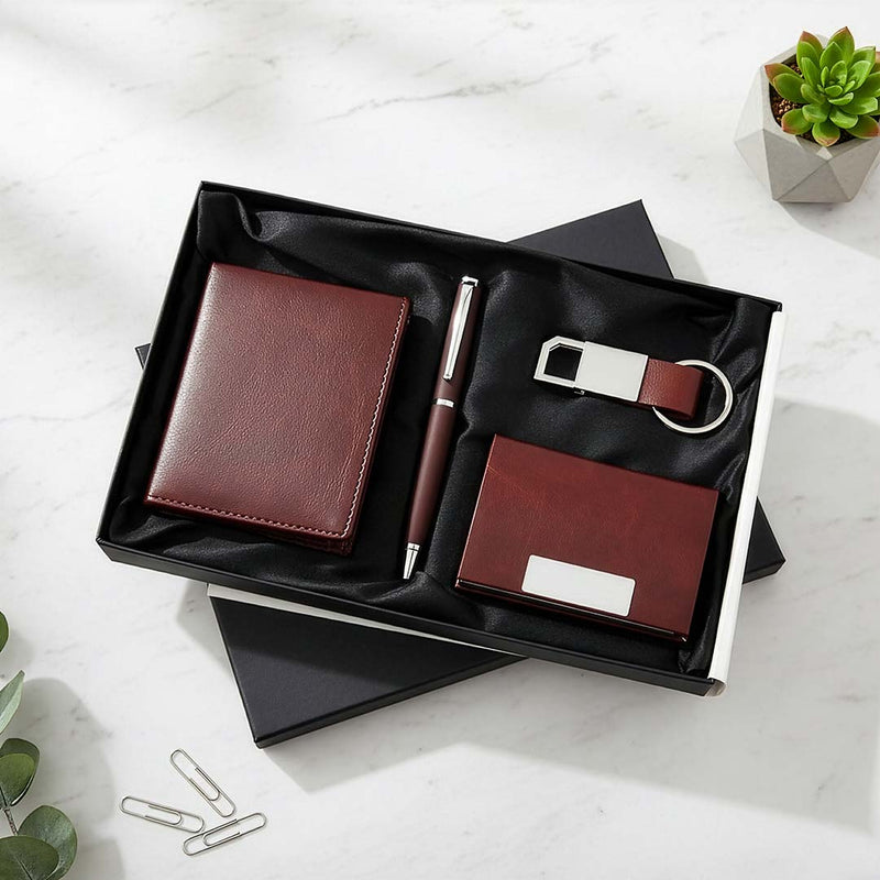 Ultimate Vintage Brown 4-Piece Set: Wallet, Cardholder, Pen & Keychain