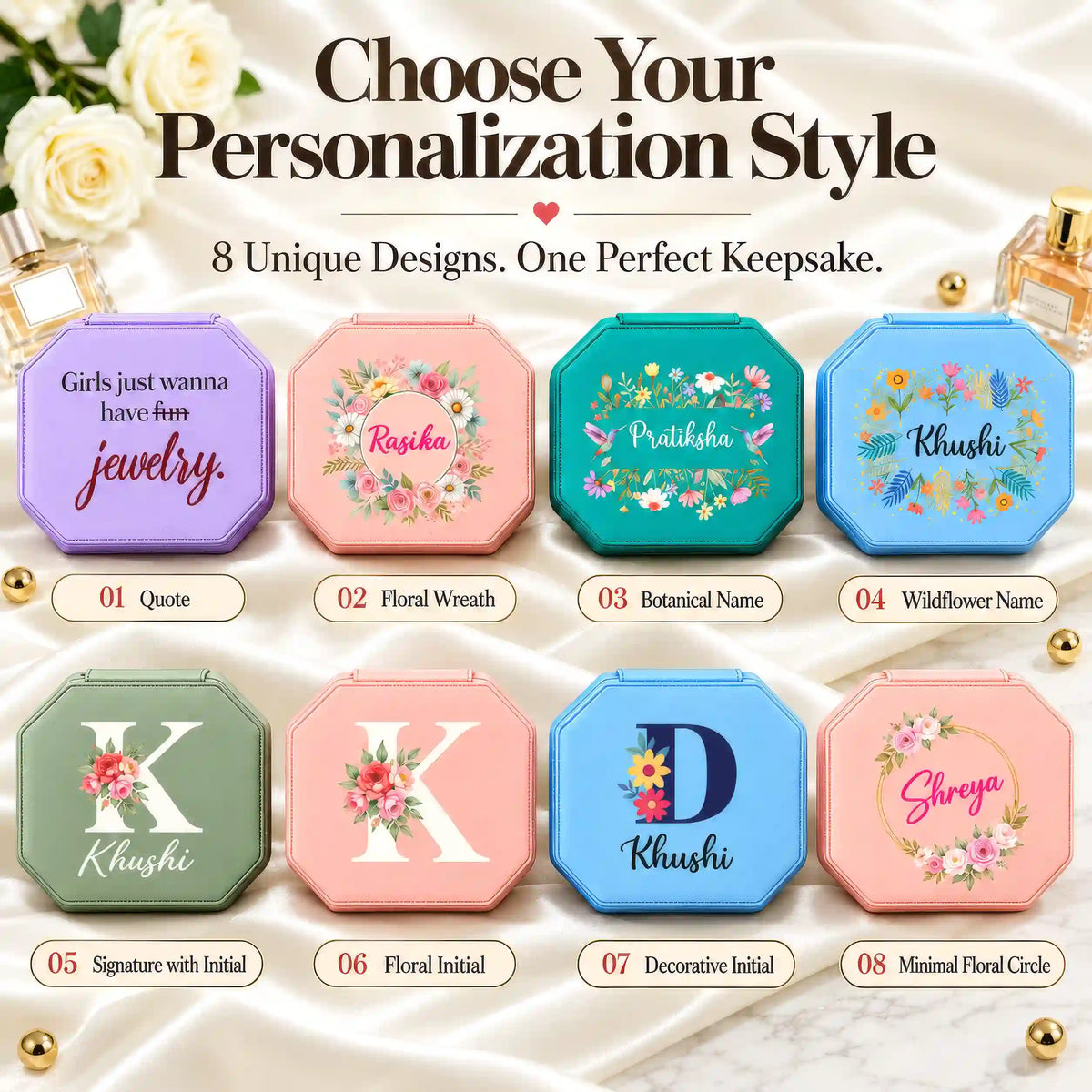 All eight personalised jewellery box design options