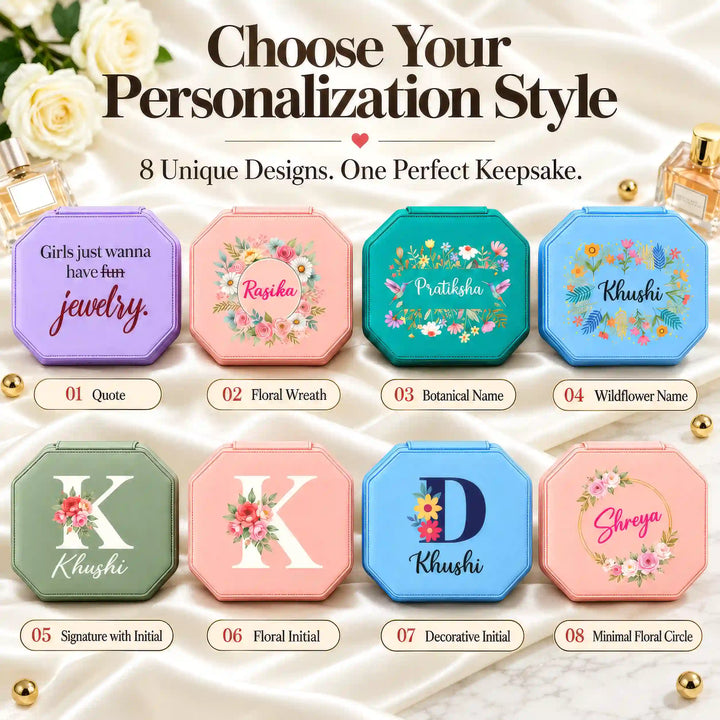 All eight personalised jewellery box design options