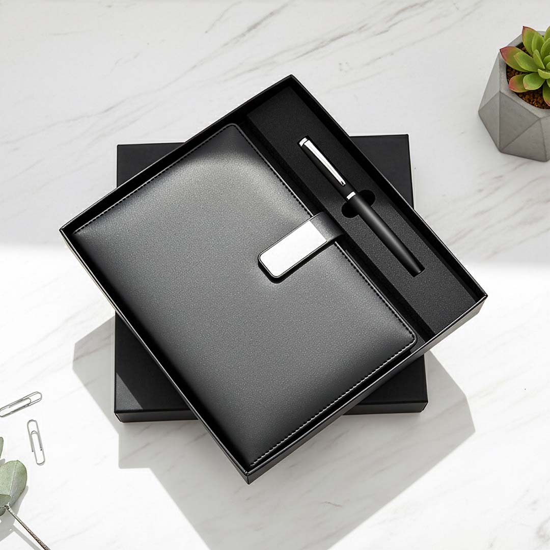 Executive Magnetic Diary &amp; Pen Set: Black A5 Notebook with Metal Clasp