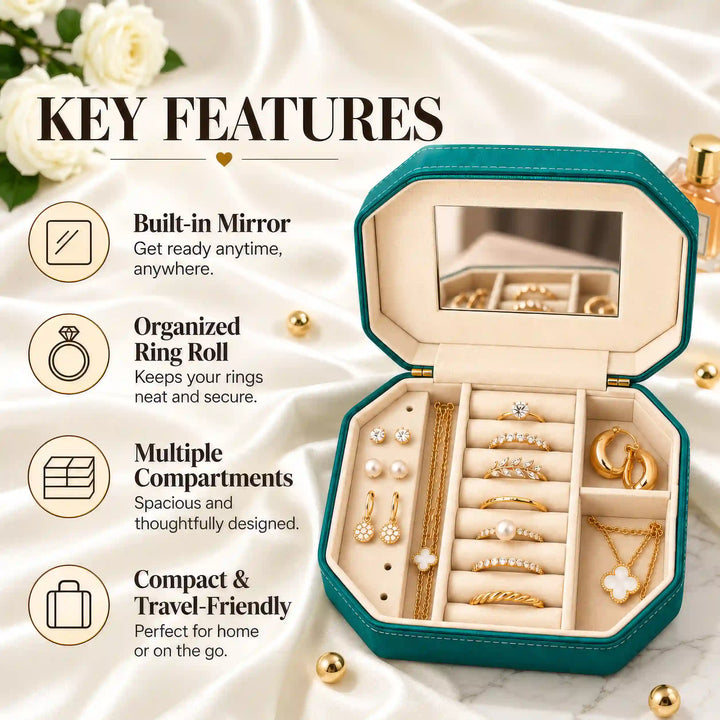 Jewellery box features: built-in mirror, ring rolls, compartments and compact case