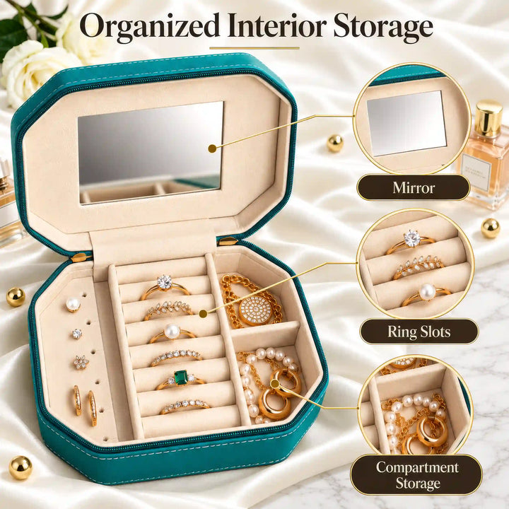 Inside the jewellery box showing mirror, ring rolls and divided jewellery storage