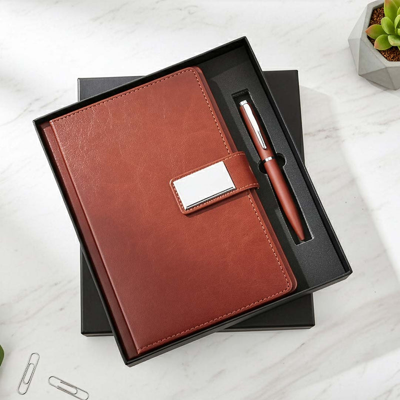 Vintage Brown Magnetic Diary & Pen Set: A5 Notebook with Metal Clasp
