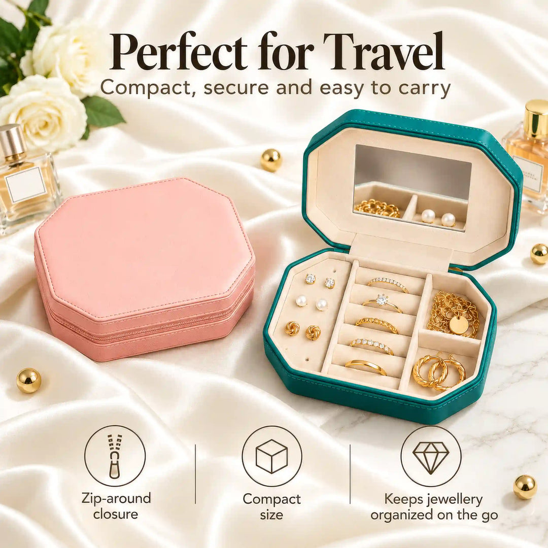 Compact jewellery box with zip-around closure for travel