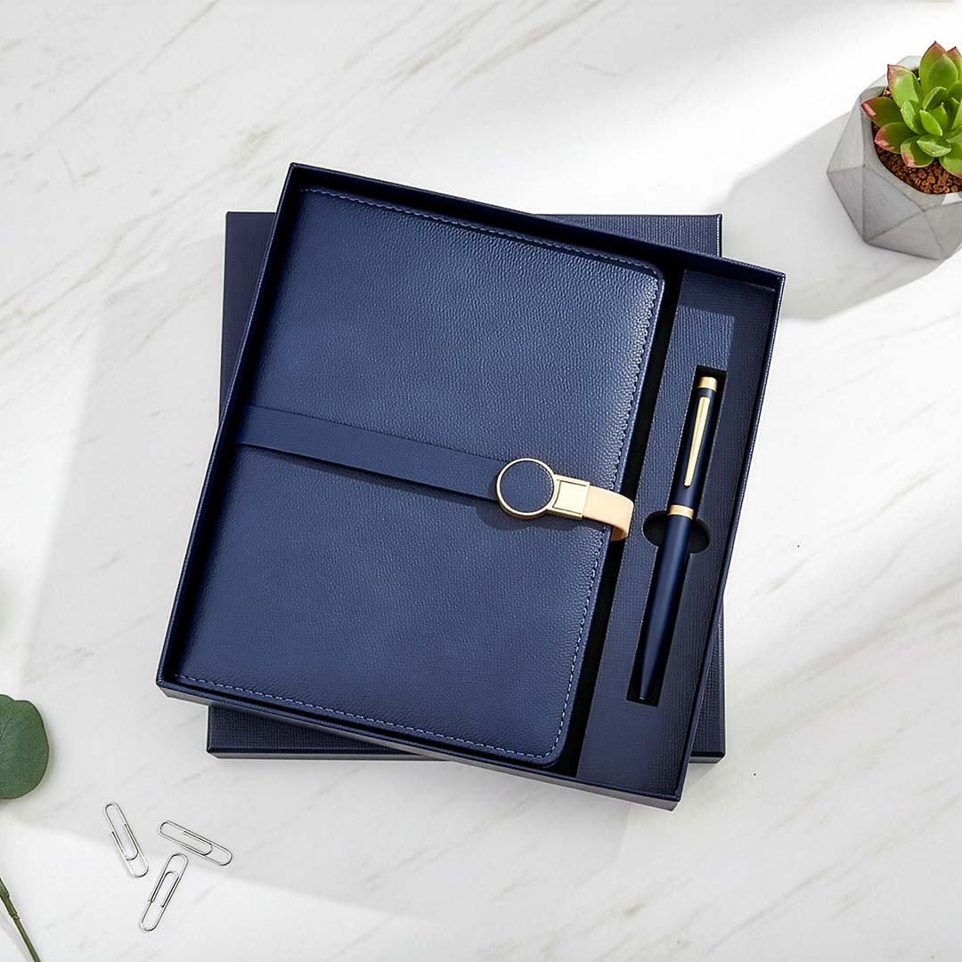 Premium Navy Blue Magnetic Diary &amp; Pen Set: A5 Notebook with Gold Clasp