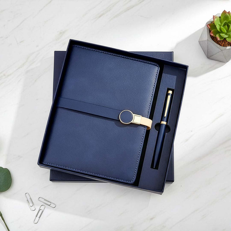 Premium Navy Blue Magnetic Diary & Pen Set: A5 Notebook with Gold Clasp