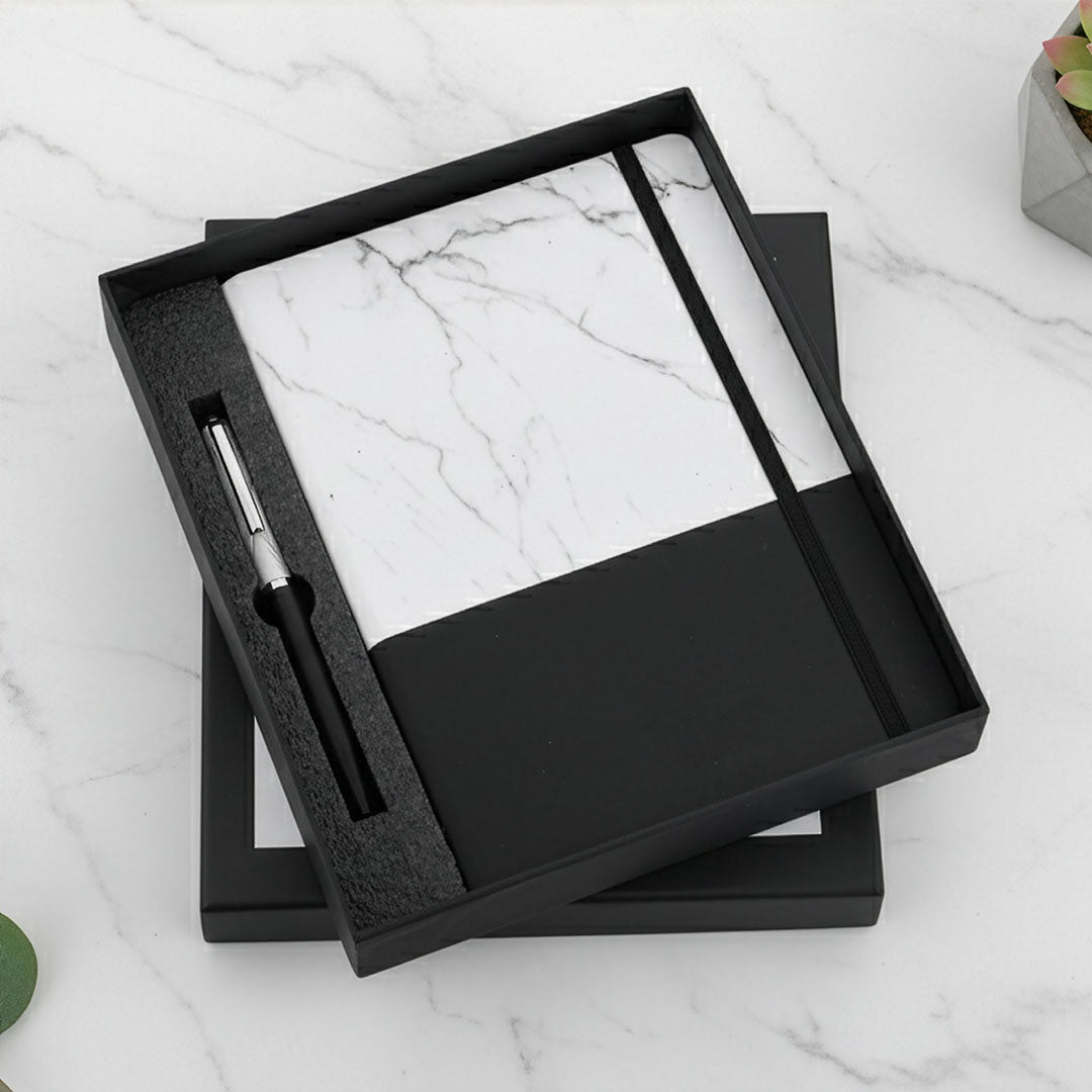 Modern White Marble Diary &amp; Pen Set: A5 Notebook with Elastic Band