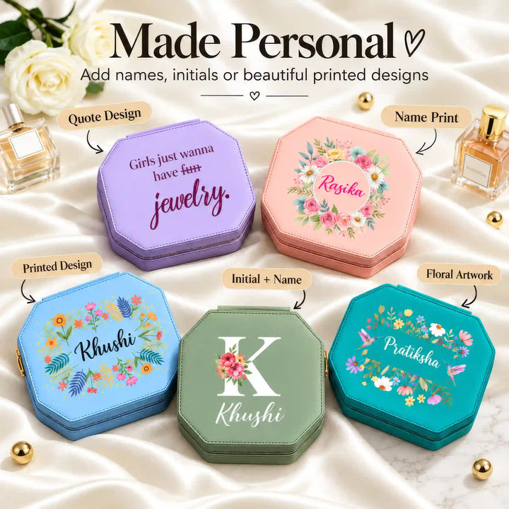 Name and initial print examples on personalised jewellery boxes