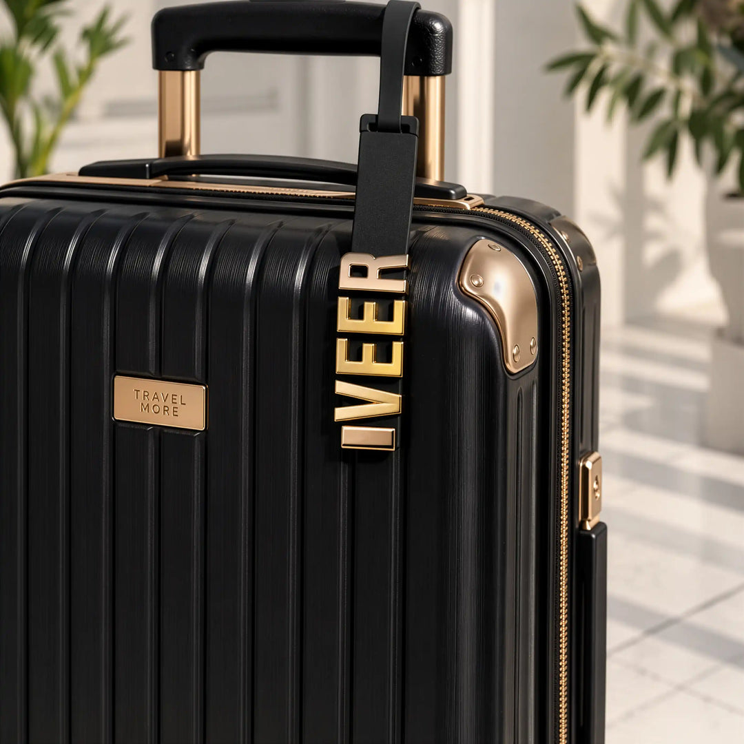 The Letter Luggage Tag – Personalised Bag Tag with Gold Metal Letters, Black &amp; Beige