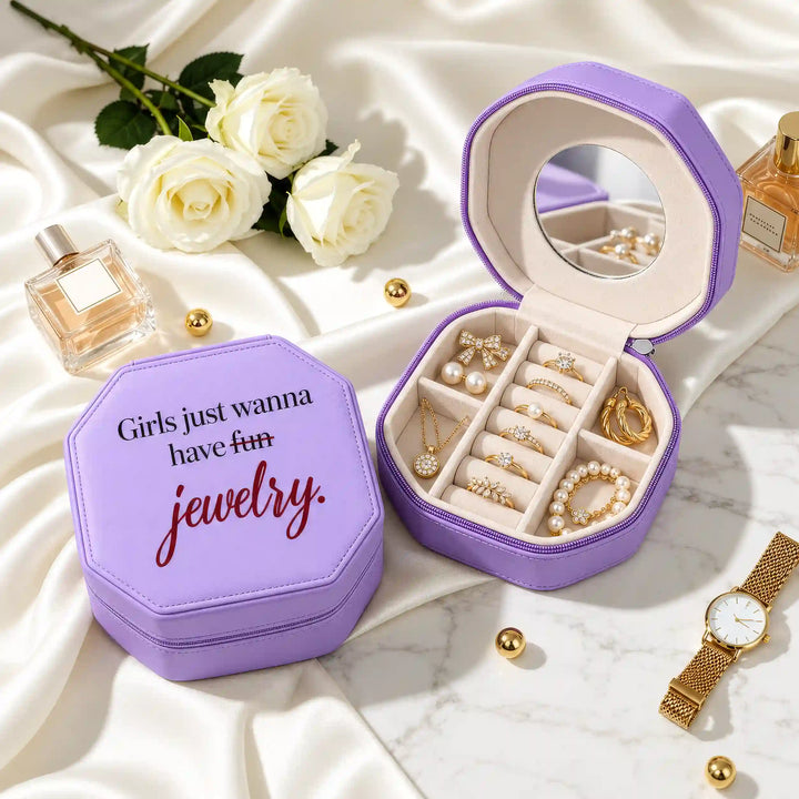 Lavender Purple jewellery box with quote print, shown closed and open