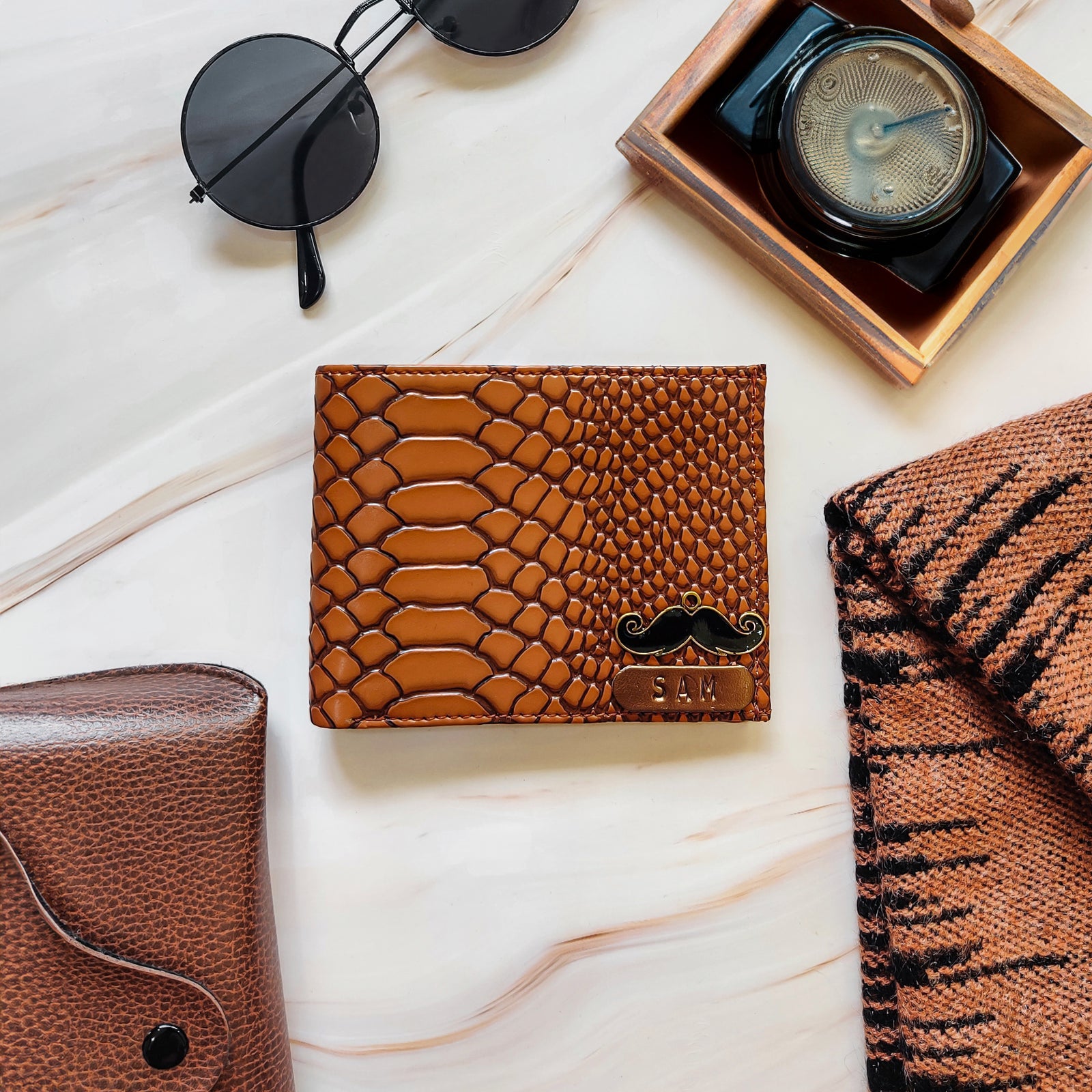 Personalized Men’s Textured Tan Brown Wallet with Free Charm by TPC Gifts