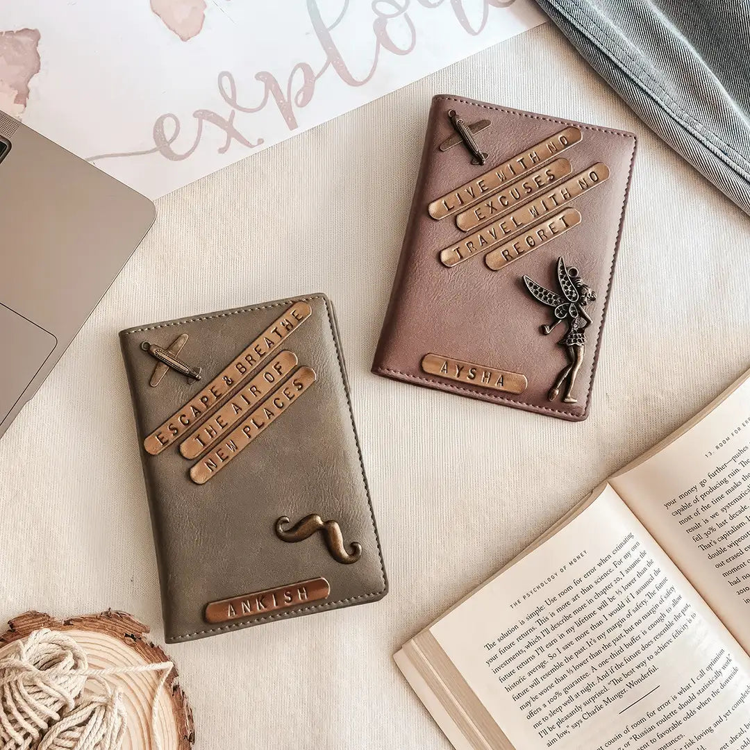 Personalised Couple Passport Cover - Grey and Grape in colour with numerous charms and names - TPC Gifts