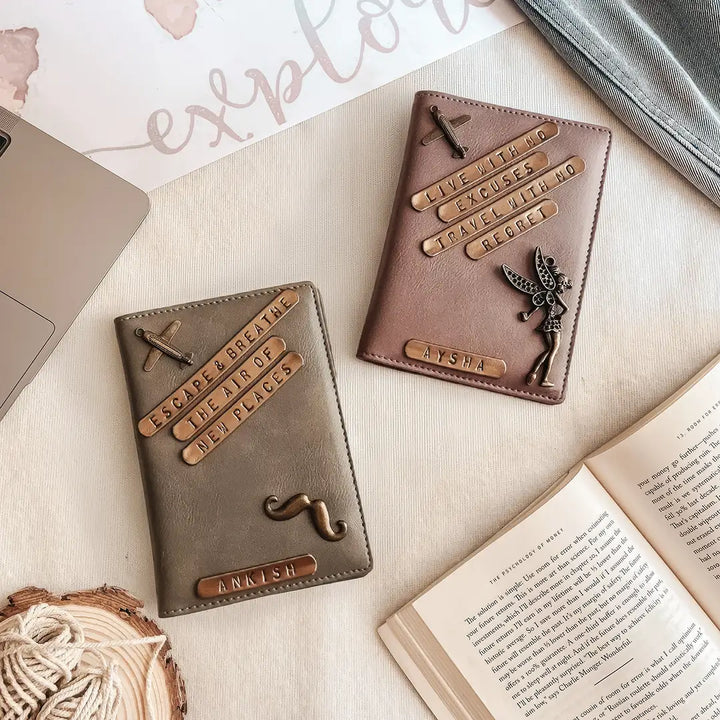 Personalised Couple Passport Cover - Grey and Grape in colour with numerous charms and names - TPC Gifts