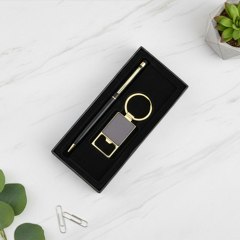 Executive Black & Gold Duo: Metal Pen & Bottle Opener Keychain Set