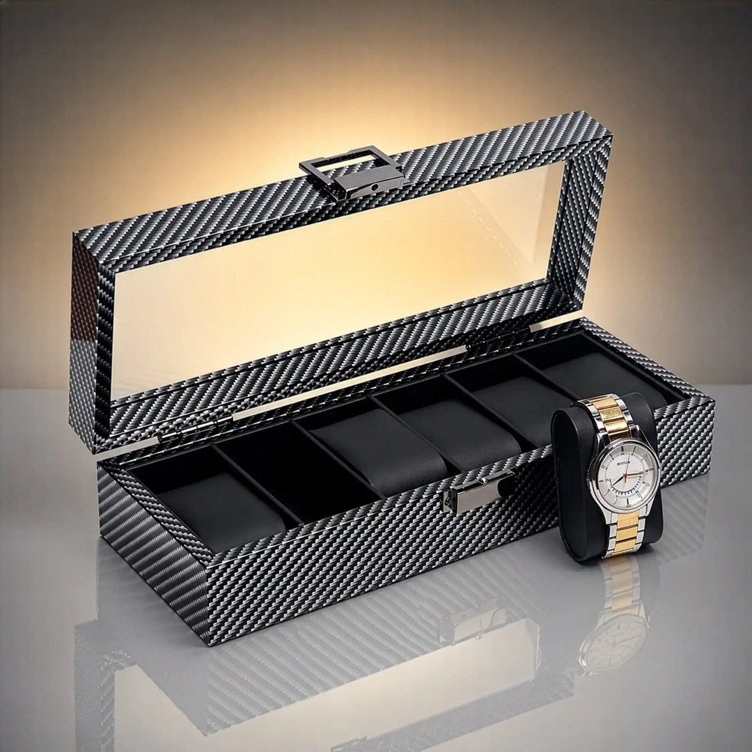 Atlas 6-Slot Carbon Fibre Pattern Watch Organiser with Glass Lid