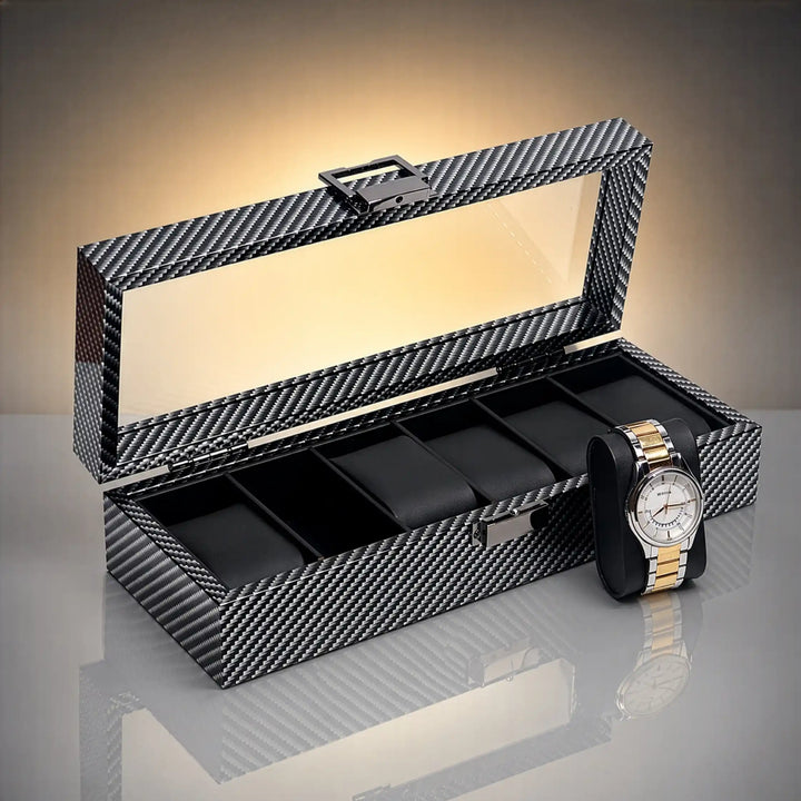 Atlas 6-Slot Carbon Fibre Pattern Watch Organiser with Glass Lid