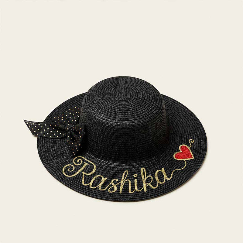 The Signature Black Women Beach Hat: Custom Name & Polka Dot Bow
