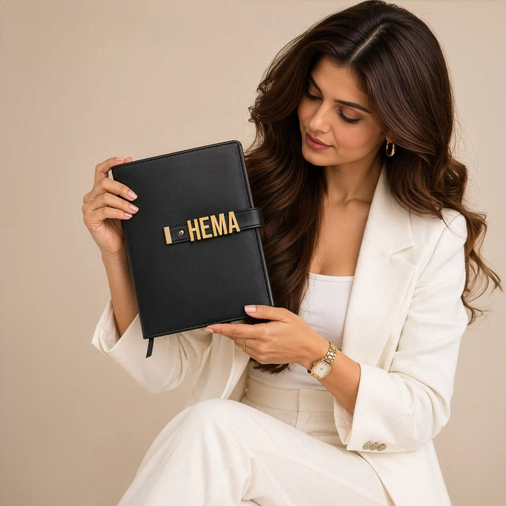 The Letter Diary – Personalised A5 Diary with Gold Metal Letters, Refillable Vegan Leather Cover | Black &amp; Beige