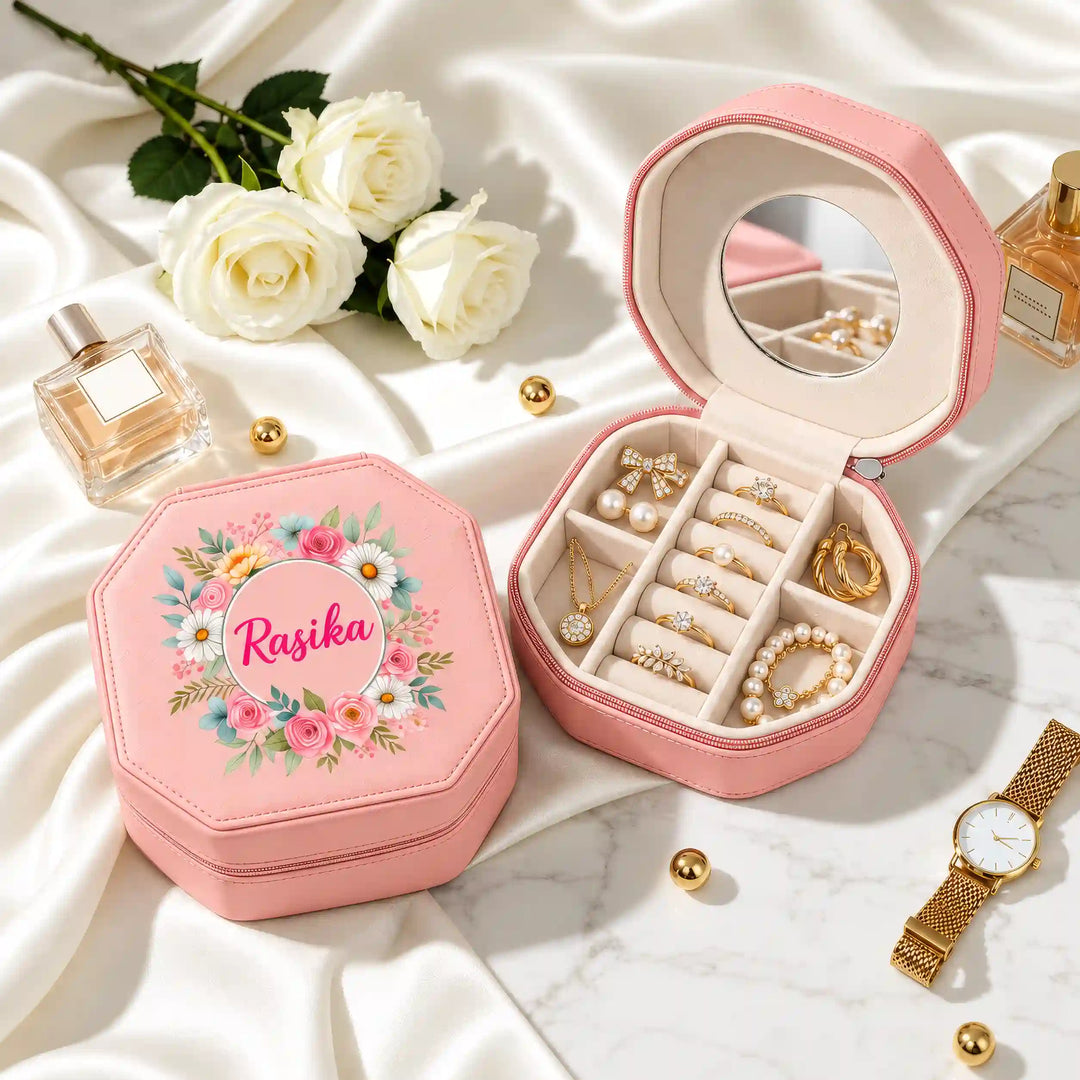 Blush Pink jewellery box with Floral Wreath name print, shown closed and open