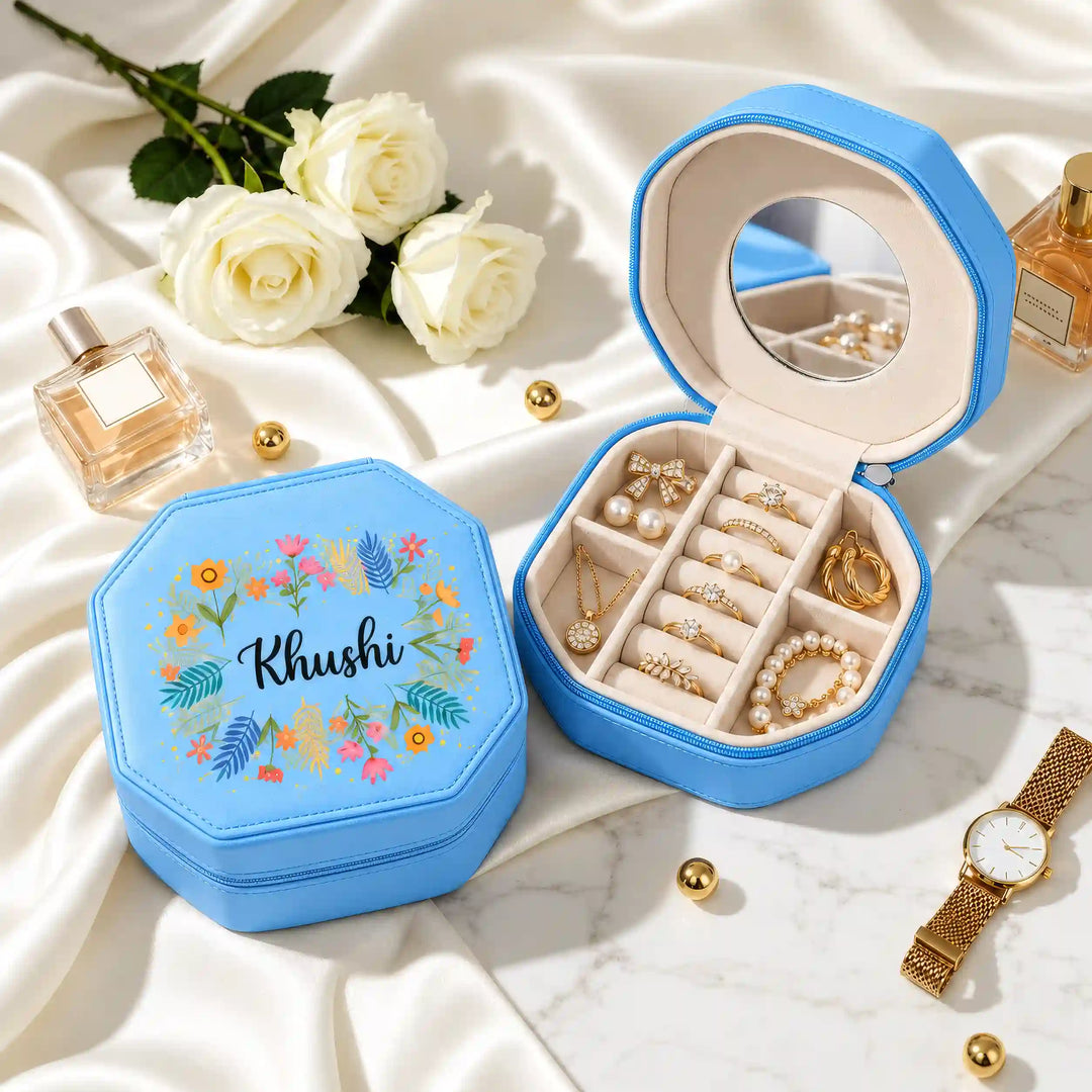 Sky Blue jewellery box with Wildflower Name print, shown closed and open