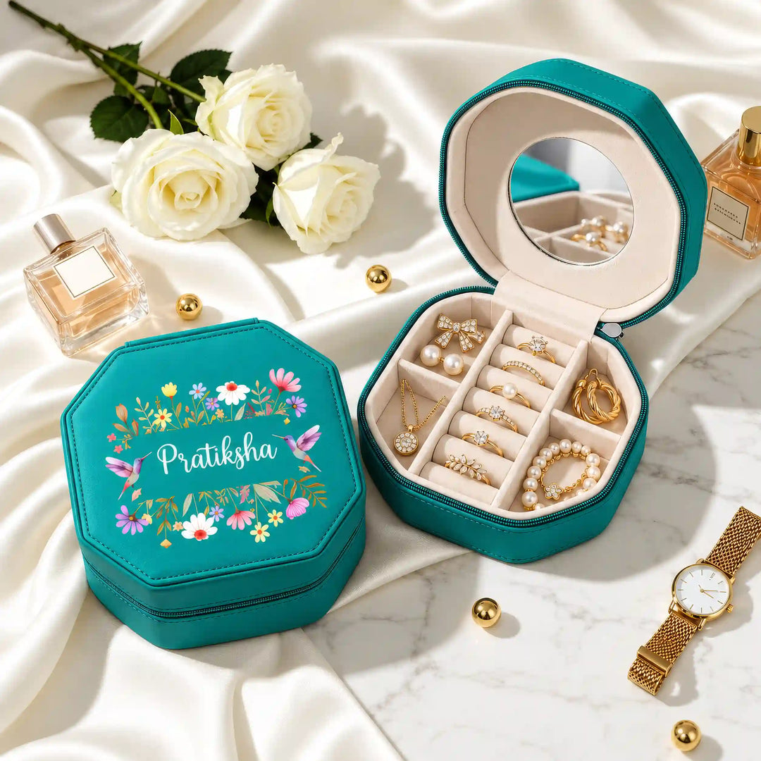 Teal Green jewellery box with Botanical Name print, shown closed and open