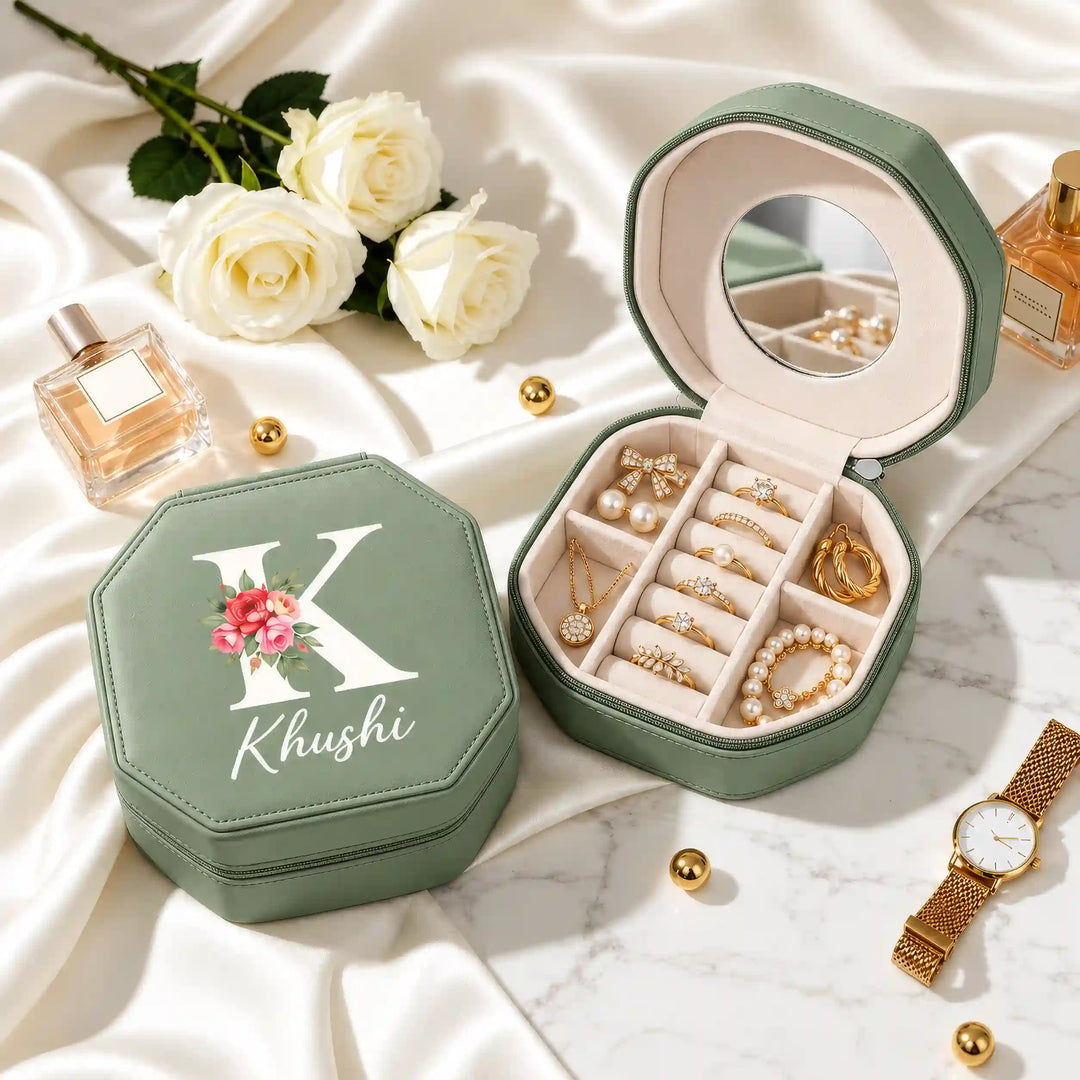 Sage Green jewellery box with Signature with Initial print, shown closed and open