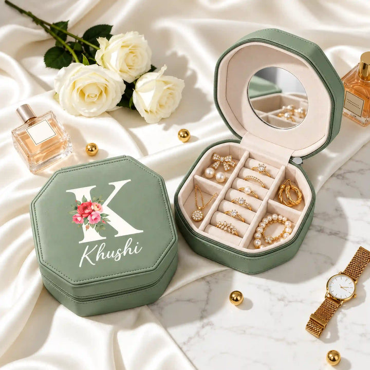 Sage Green jewellery box with Signature with Initial print, shown closed and open