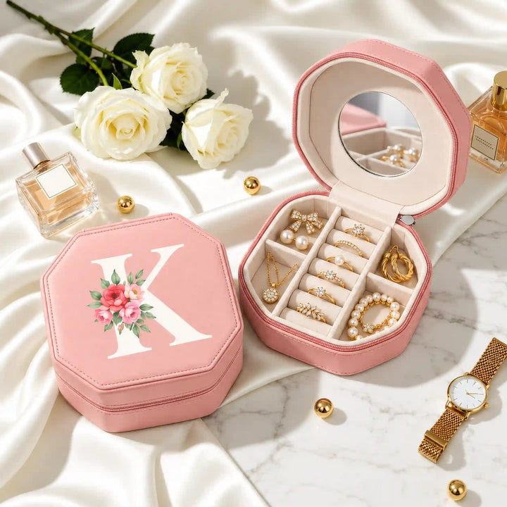Blush Pink jewellery box with Floral Initial print, shown closed and open