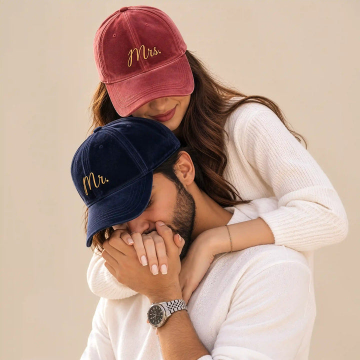 Mr. &amp; Mrs. Personalised Velvet Caps — Matching Couple Set