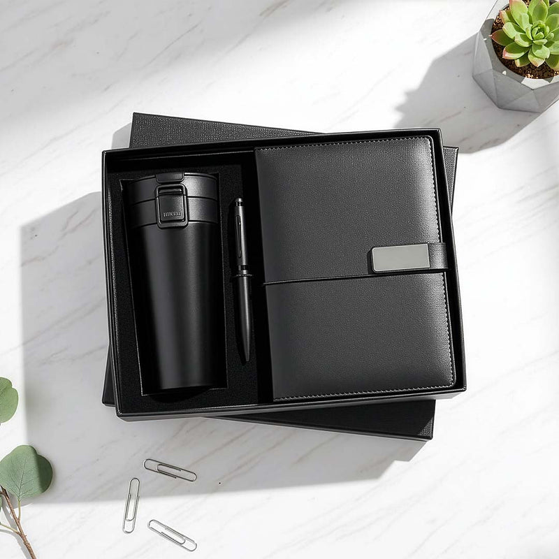 Sleek Black Duo: A5 Notebook & Travel Tumbler Gift Set