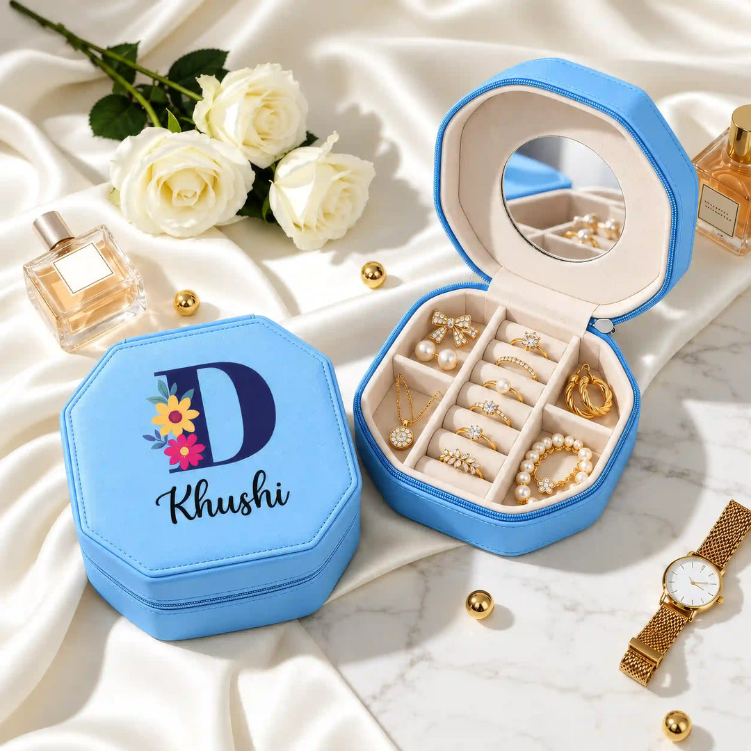 Sky Blue jewellery box with Decorative Initial print, shown closed and open