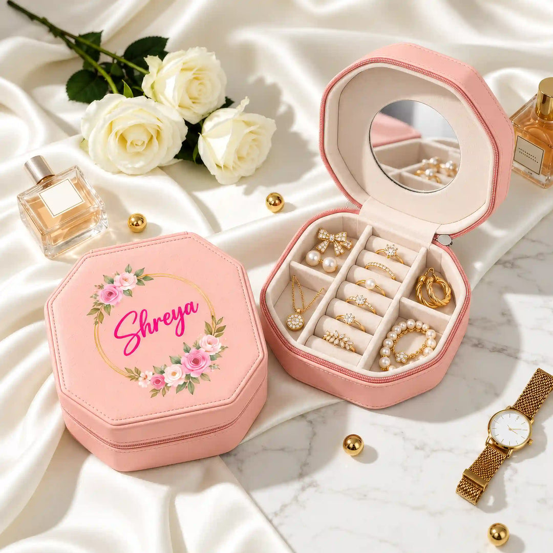 Blush Pink jewellery box with Minimal Floral Circle name print, shown closed and open