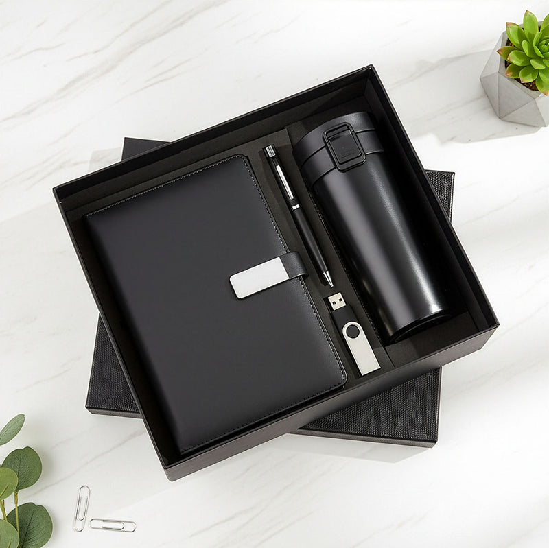 Executive 4-Piece Welcome Kit: Notebook, Tumbler, Pen & USB Set