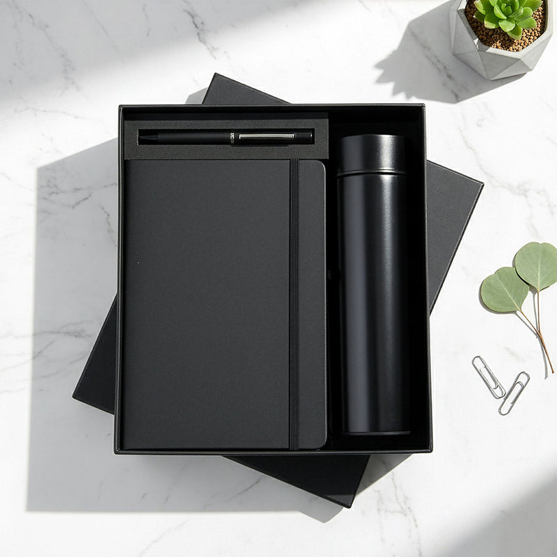 Minimalist Black Duo: A5 Notebook & Slim Vacuum Flask