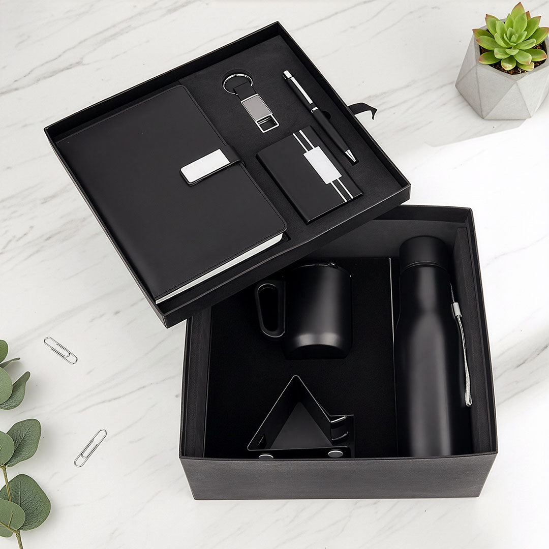 Modern Black 4-Piece Desk Kit: Notebook, Tumbler, Keychain &amp; Stand