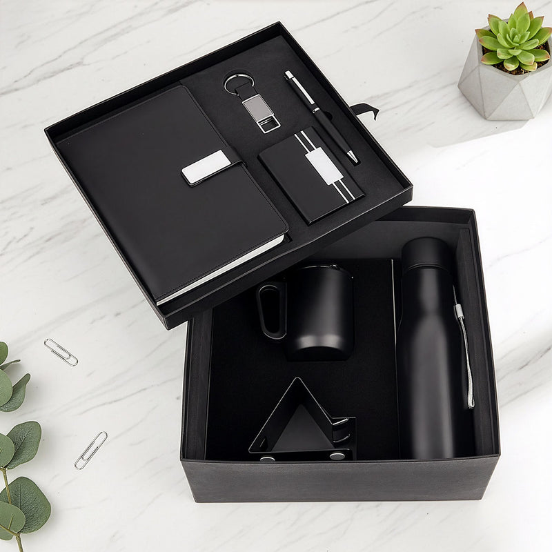 Modern Black 4-Piece Desk Kit: Notebook, Tumbler, Keychain & Stand