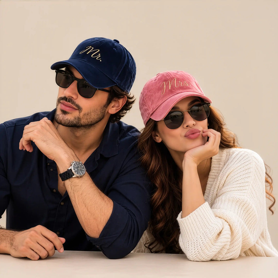 Mr. &amp; Mrs. Personalised Velvet Caps — Matching Couple Set