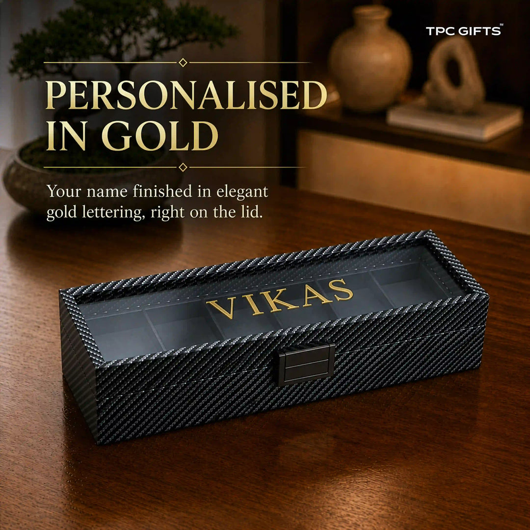 Atlas 6-Slot Carbon Fibre Pattern Watch Organiser with Glass Lid