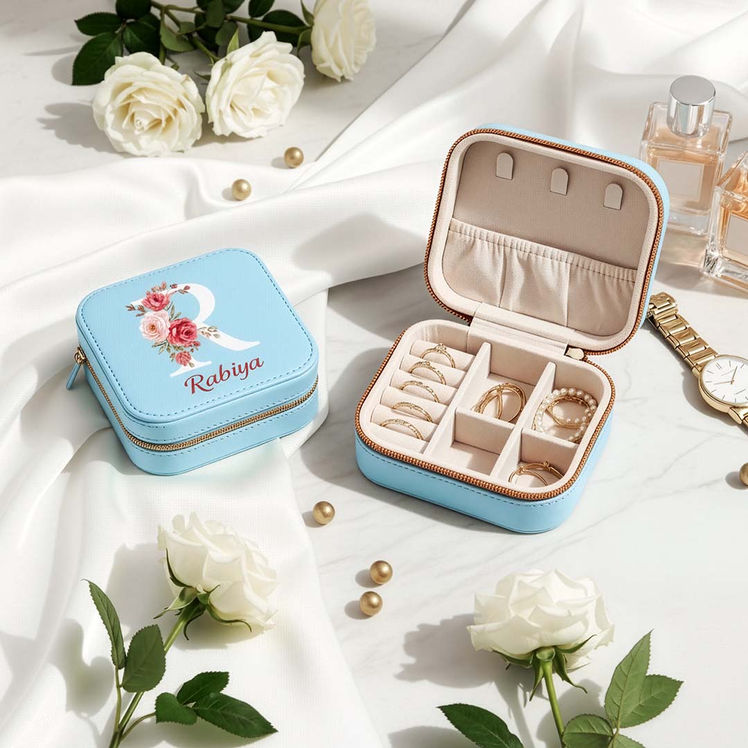 Blue jewelry box with floral design and &