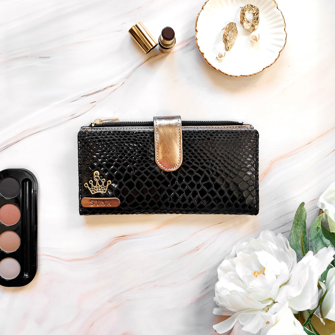Personalized Women’s Textured Black &amp; Gold Wallet with Free Charm by TPC Gifts